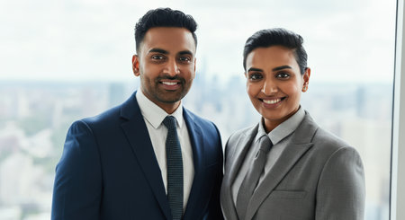 Professional indian businessman and businesswoman in modern office setting with city skylineの素材