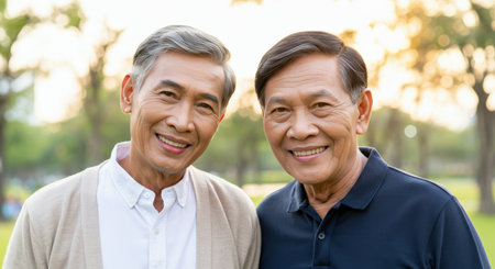 Elderly asian males smiling together in park setting during sunsetの素材