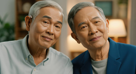 Elderly asian male couple posing indoors with warm smiles capturing friendship and contentmentの素材