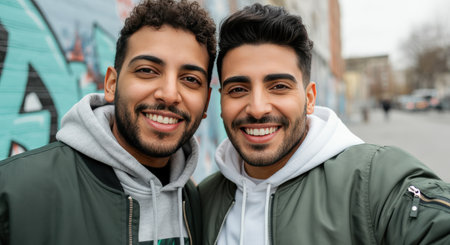 Smiling young hispanic men in casual attire posing against urban graffiti backgroundの素材