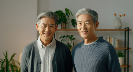 Elderly asian men smiling in cozy living room with houseplants in backgroundの素材