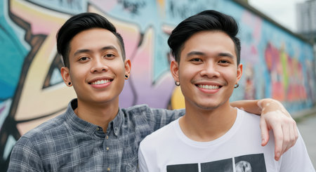 Young asian male friends posing against urban street art mural for diverse friendship conceptの素材