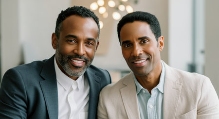 Joyful portrait of two african american male adults celebrating friendship and successの素材