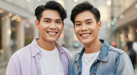 Smiling young asian males outdoors in urban settingの素材