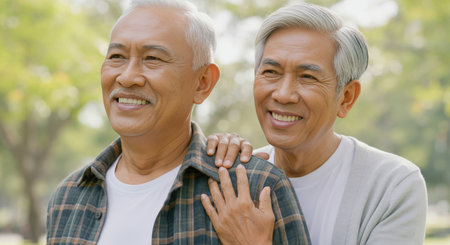 Elderly asian friendship outdoors in a park setting for happiness and companionshipの素材