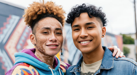 Diverse young friends smiling with confidence against colorful urban backdropの素材