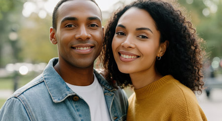 Smiling african american young couple outdoors in autumn parkの素材