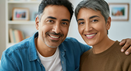 Hispanic adult couple smiling in cozy home environment for lifestyle conceptの素材