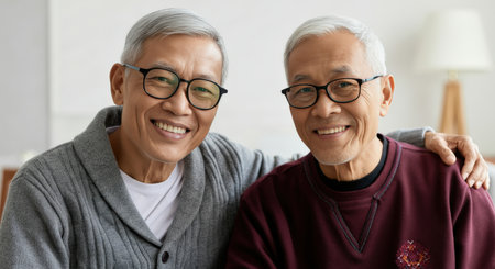 Joyful senior asian men in casual home setting embracing friendship and happinessの素材