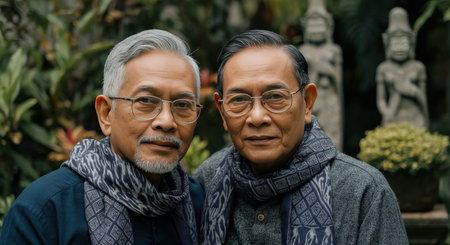 Elderly asian male friends with glasses embracing in garden with sculpture backgroundの素材