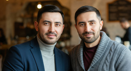 Diverse young caucasian adult males in a cozy indoor setting for relaxed lifestyle conceptの素材