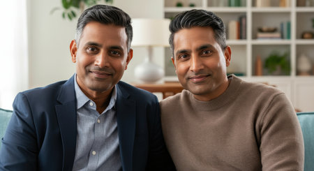 Two mature south asian men smiling together in a cozy living room settingの素材