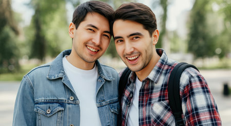 Joyful young male friends enjoying a day outdoors in urban park settingの素材