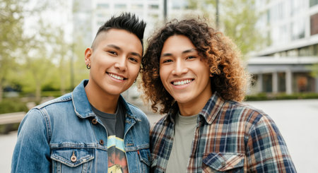 Young diverse males smiling outdoors in urban settingの素材