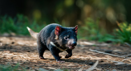 Tasmanian devil in natural habitat amidst forest pathwayの素材