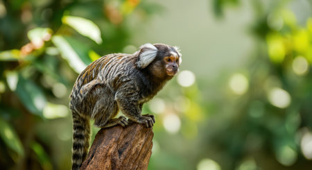 Curious marmoset in lush green habitat captured in afternoon lightの素材