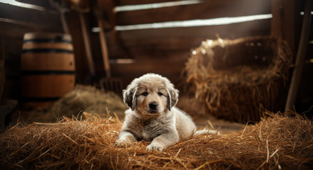 Adorable puppy resting in rustic barn amongst hay and warm wooden surroundingsの素材