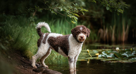 Playful lagotto romagnolo dog by tranquil pond in lush green forestの素材