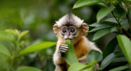 Curious young monkey with leaf in lush green jungleの素材