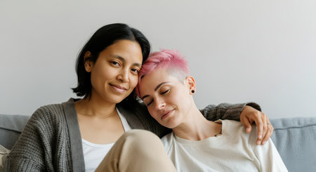 Diverse female friendship and relaxation on couch in cozy home settingの素材