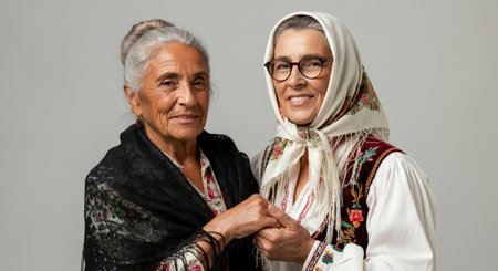 Elderly and adult women in traditional cultural attire smiling with affectionの素材