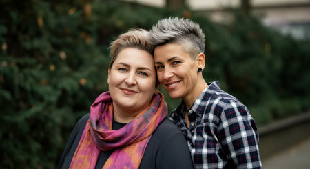 Two diverse adult women with short hair smiling outdoors in autumnの素材