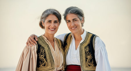 Elegant mature hispanic women in traditional embroidered dress celebrating cultural heritageの素材