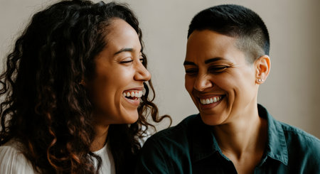 Joyful moment between young diverse women sharing a laughの素材