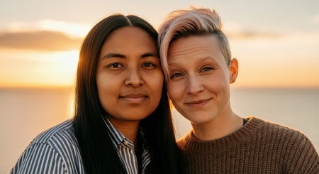 Interracial female portrait at sunset celebrating friendship and diversityの素材
