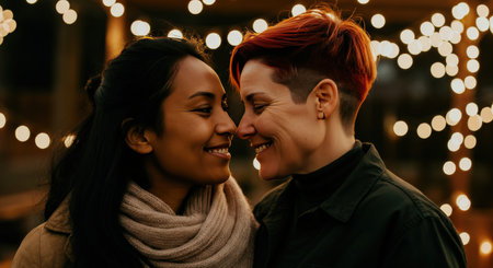 Warm evening connection between diverse young women under festive lights for celebration and joyful designの素材