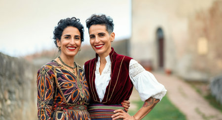 Joyful twin sisters in cultural dress smiling outdoors at historic venueの素材