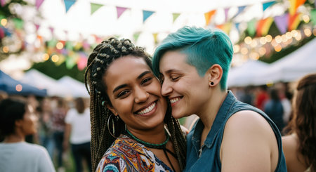 Joyful multicultural couple celebrating outdoors at a festive event with colorful bannersの素材