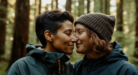 Loving connection between diverse couple in tranquil forest settingの素材