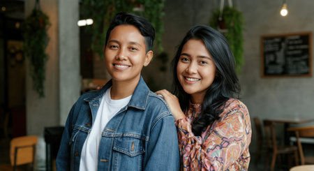 Smiling asian young adults in casual attire at cozy cafe environmentの素材