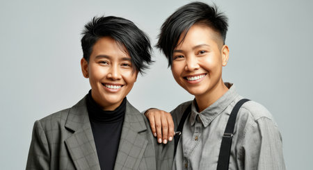 Confident young asian adults in smart casual attire for professional and lifestyle conceptsの素材