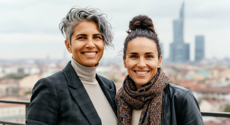 Confident mature and young women with diverse hairstyles in urban settingの素材