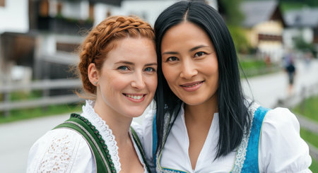 Celebrating heritage and friendship outdoors with multicultural young women in traditional attireの素材