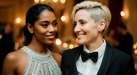 Elegant evening celebration with diverse couple, lgbtq love, formal attire, smiling bondの素材