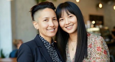 Smiling interracial couple in a cozy cafe setting for warm lifestyle and hospitality conceptsの素材