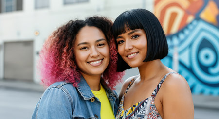 Diverse friendship with smiling young women in vibrant urban setting for cultural diversity conceptsの素材