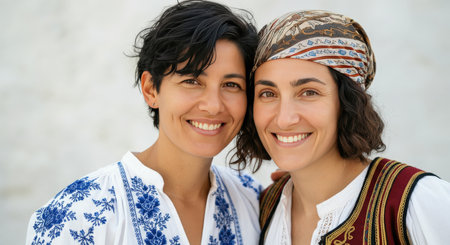 Smiling caucasian and hispanic women in traditional clothing embracing cultural diversityの素材