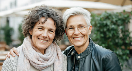 Joyful encounter of mature caucasian women in outdoor settingの素材