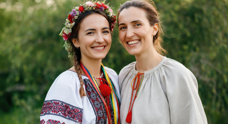 Joyful female friendship in traditional eastern european attire celebrating natureの素材