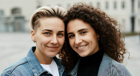 Diversity and friendship depicted by young caucasian women embracing in urban settingの素材