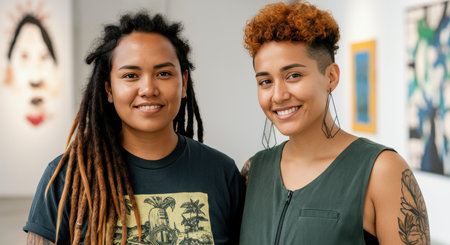 Artistic duo in contemporary art gallery - exploring creativity and connection through diversityの素材