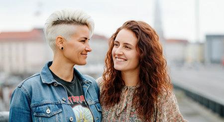 Joyful urban encounter of diverse young women in casual stylesの素材