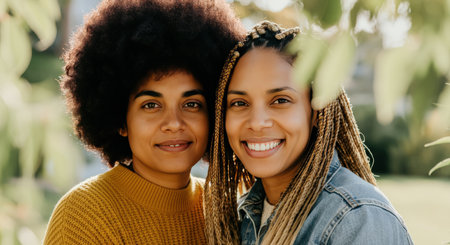 Joyful connection of young african descent females in natural setting for lifestyle and diversity themesの素材