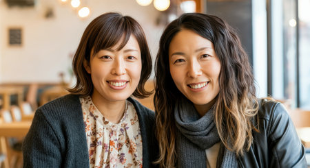 Smiling asian adult females in casual attire at cozy cafÃ© settingの素材
