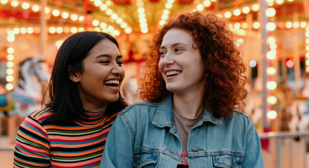 Diverse friendship at carnival: smiling hispanic and caucasian women enjoying festive funの素材