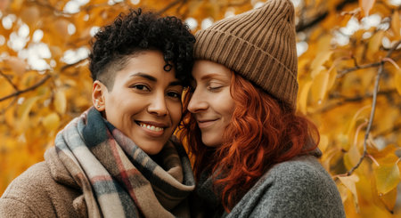 Diverse female friends embracing in autumn setting for seasonal greeting cardsの素材